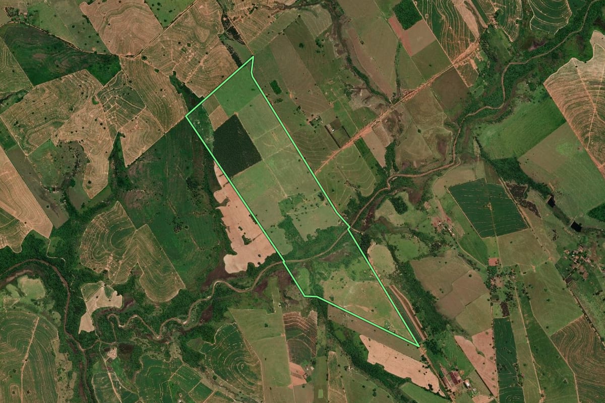 Imagem de satélite do imóvel rural em Oriente (SP), com o contorno declarado no CAR desenhado por cima.