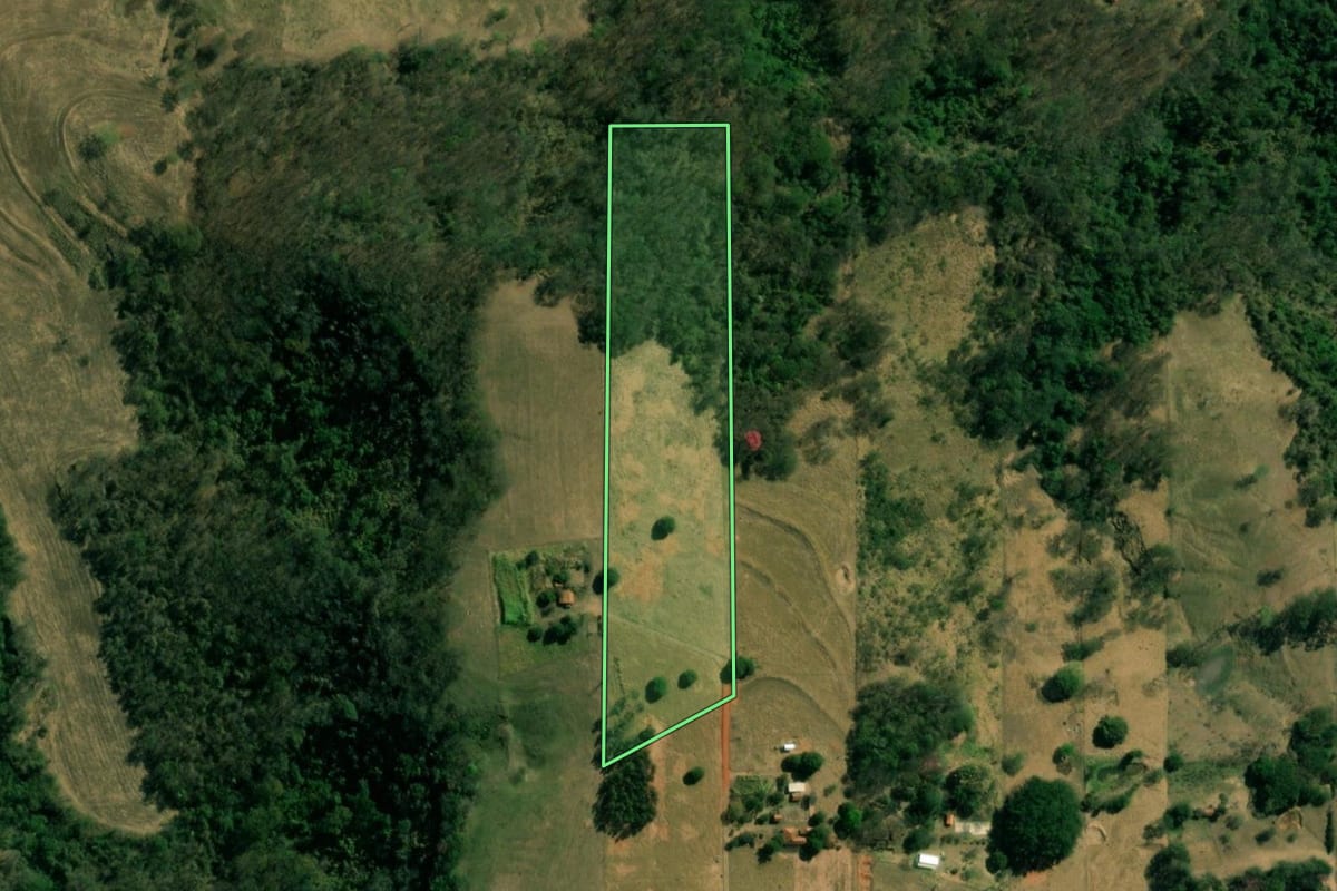 Imagem de satélite do imóvel rural em Oriente (SP), com o contorno declarado no CAR desenhado por cima.
