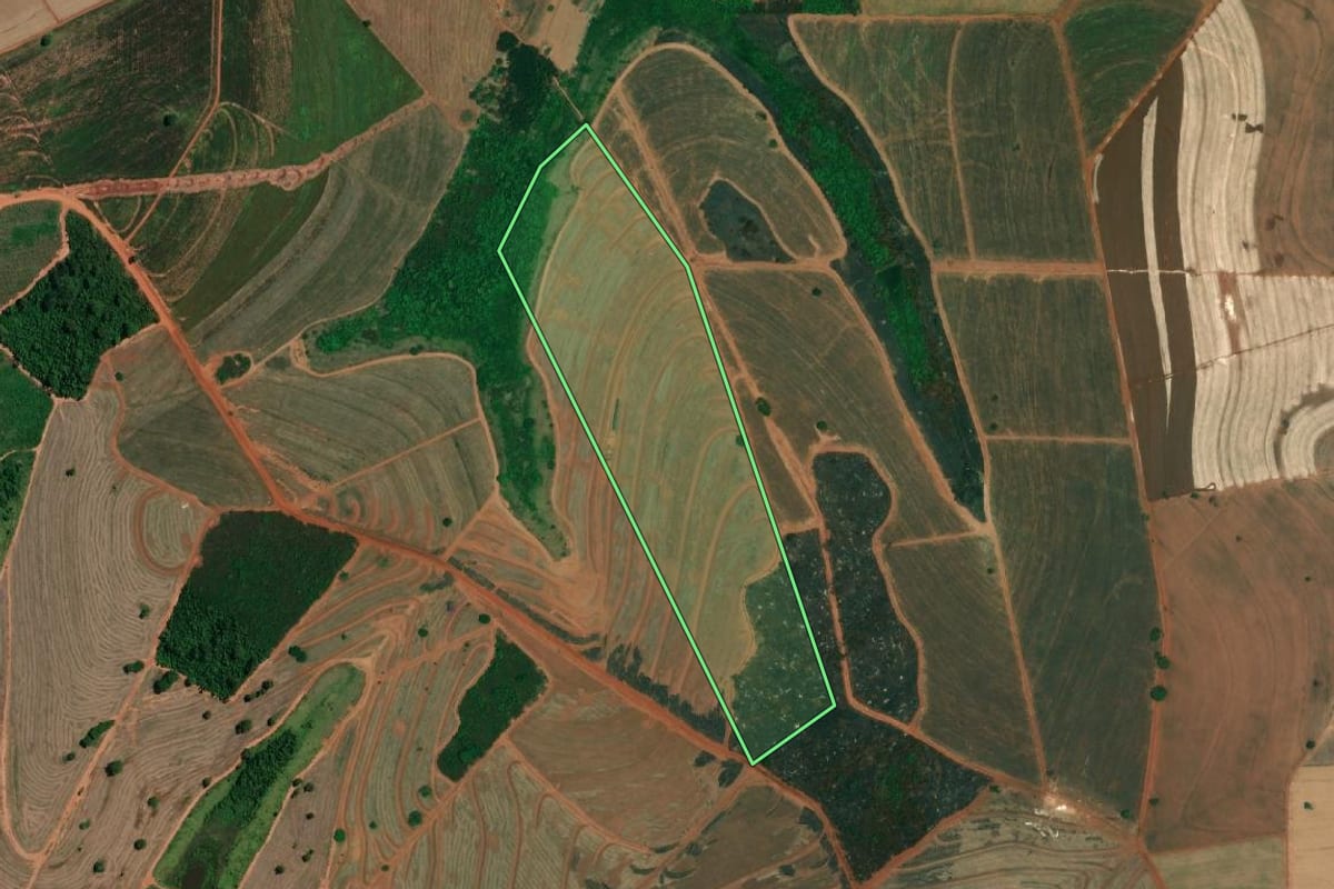 Imagem de satélite do imóvel rural em Orindiúva (SP), com o contorno declarado no CAR desenhado por cima.