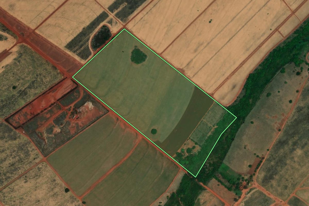 Imagem de satélite do imóvel rural em Orindiúva (SP), com o contorno declarado no CAR desenhado por cima.