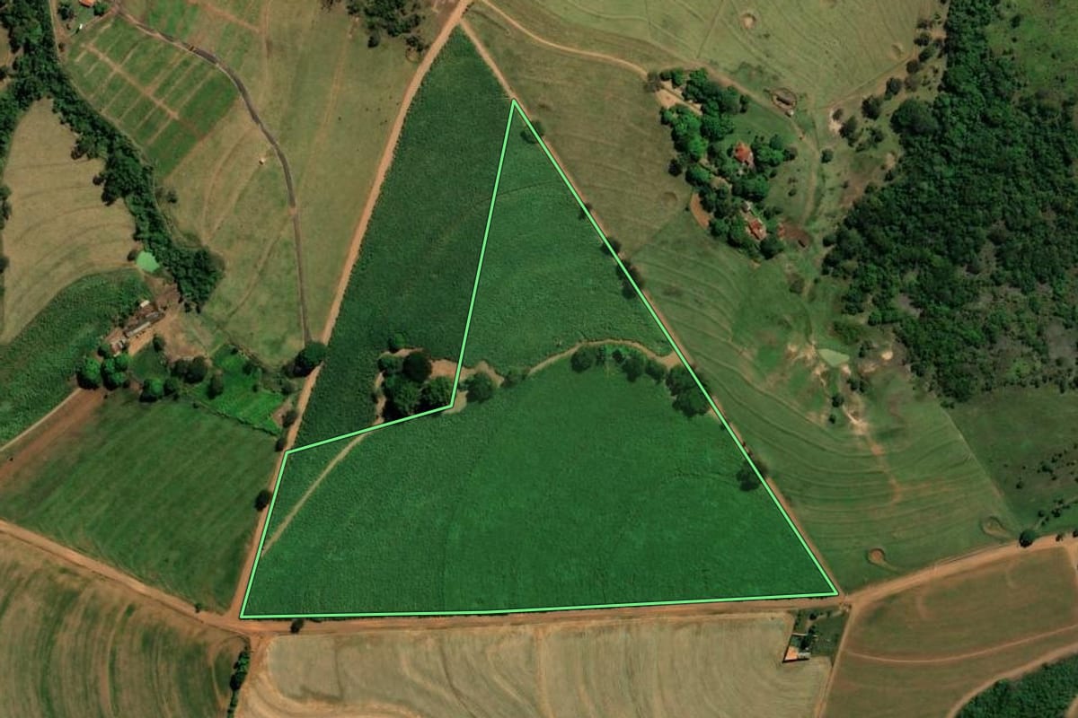 Imagem de satélite do imóvel rural em Orlândia (SP), com o contorno declarado no CAR desenhado por cima.