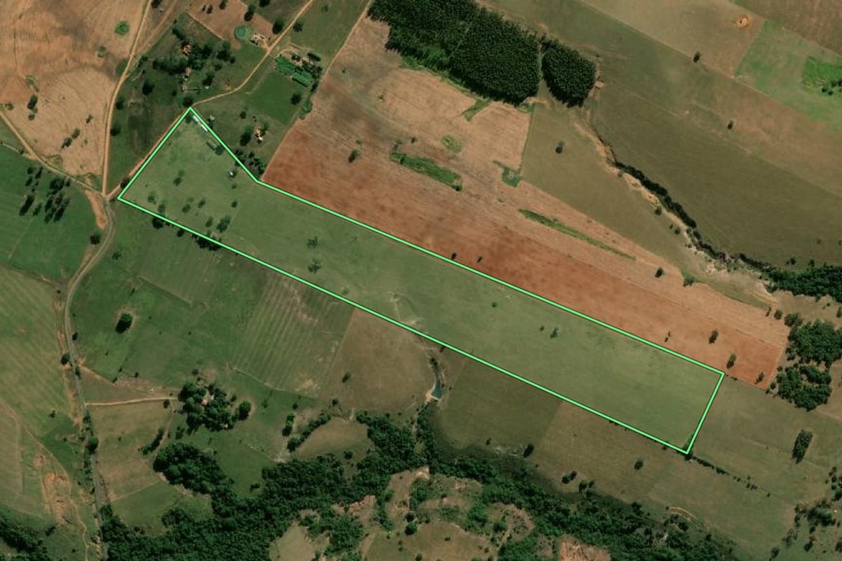 Imagem de satélite do imóvel rural em Oscar Bressane (SP), com o contorno declarado no CAR desenhado por cima.