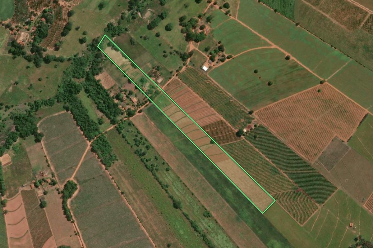 Imagem de satélite do imóvel rural em Osvaldo Cruz (SP), com o contorno declarado no CAR desenhado por cima.