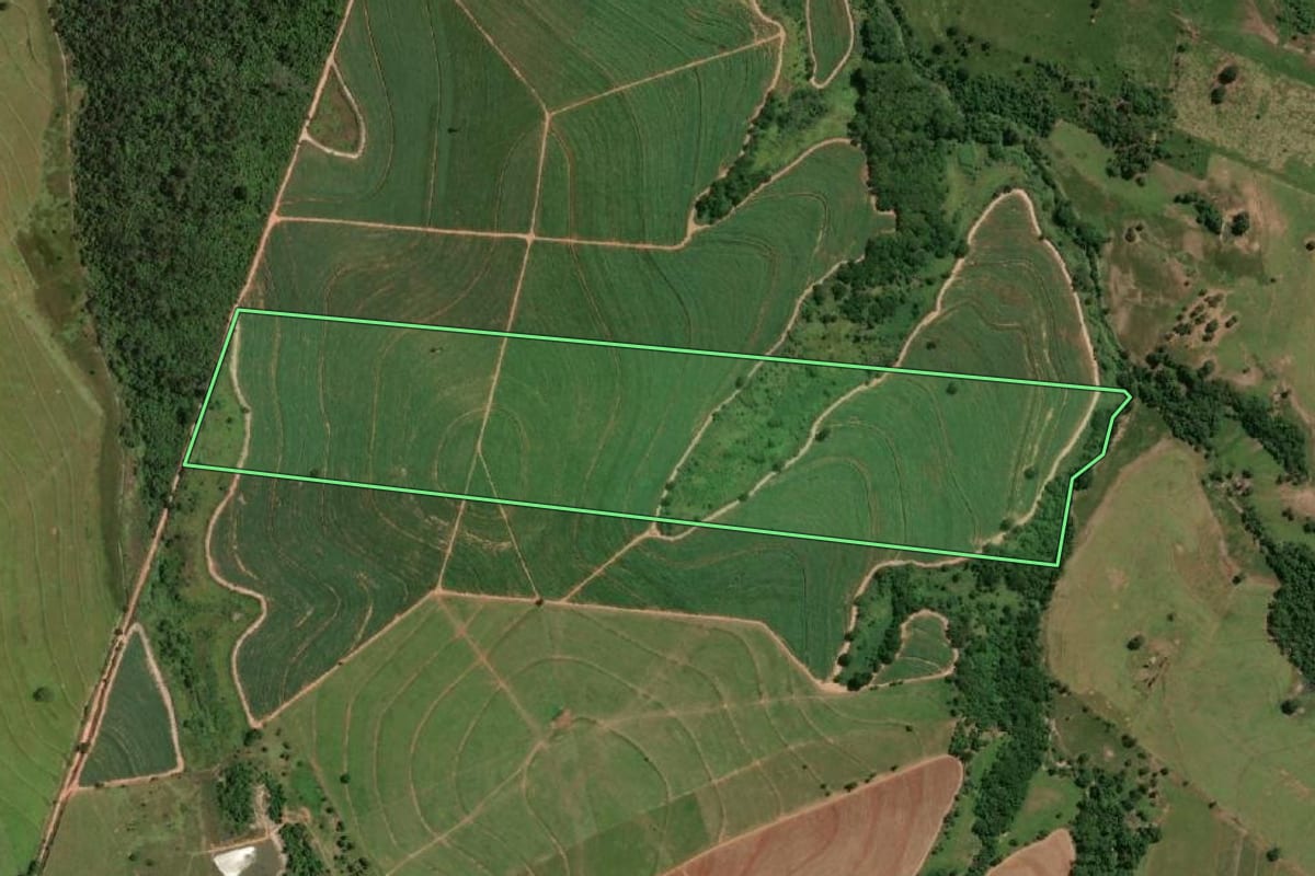 Imagem de satélite do imóvel rural em Osvaldo Cruz (SP), com o contorno declarado no CAR desenhado por cima.