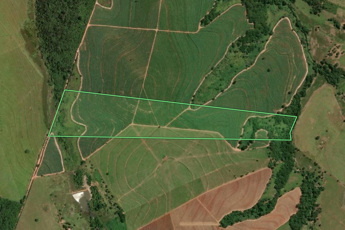 Imagem de satélite do imóvel rural em Osvaldo Cruz (SP), com o contorno declarado no CAR desenhado por cima.