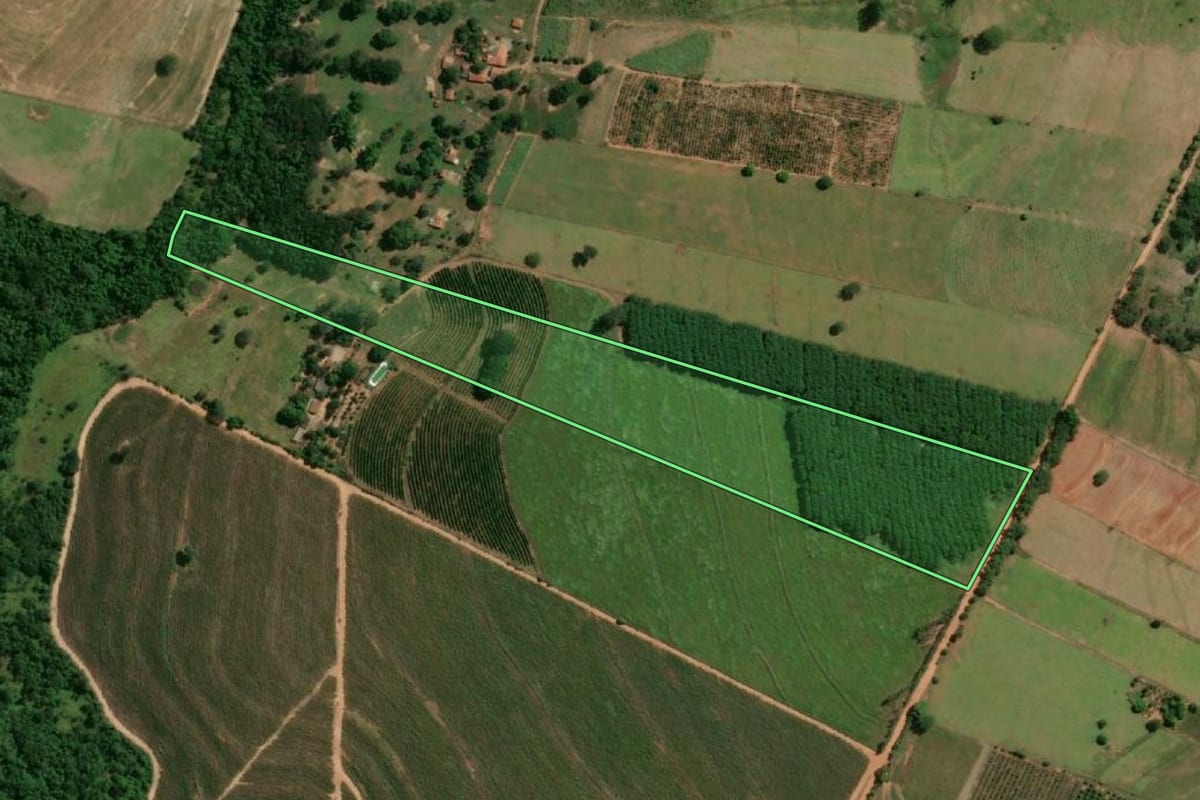 Imagem de satélite do imóvel rural em Osvaldo Cruz (SP), com o contorno declarado no CAR desenhado por cima.