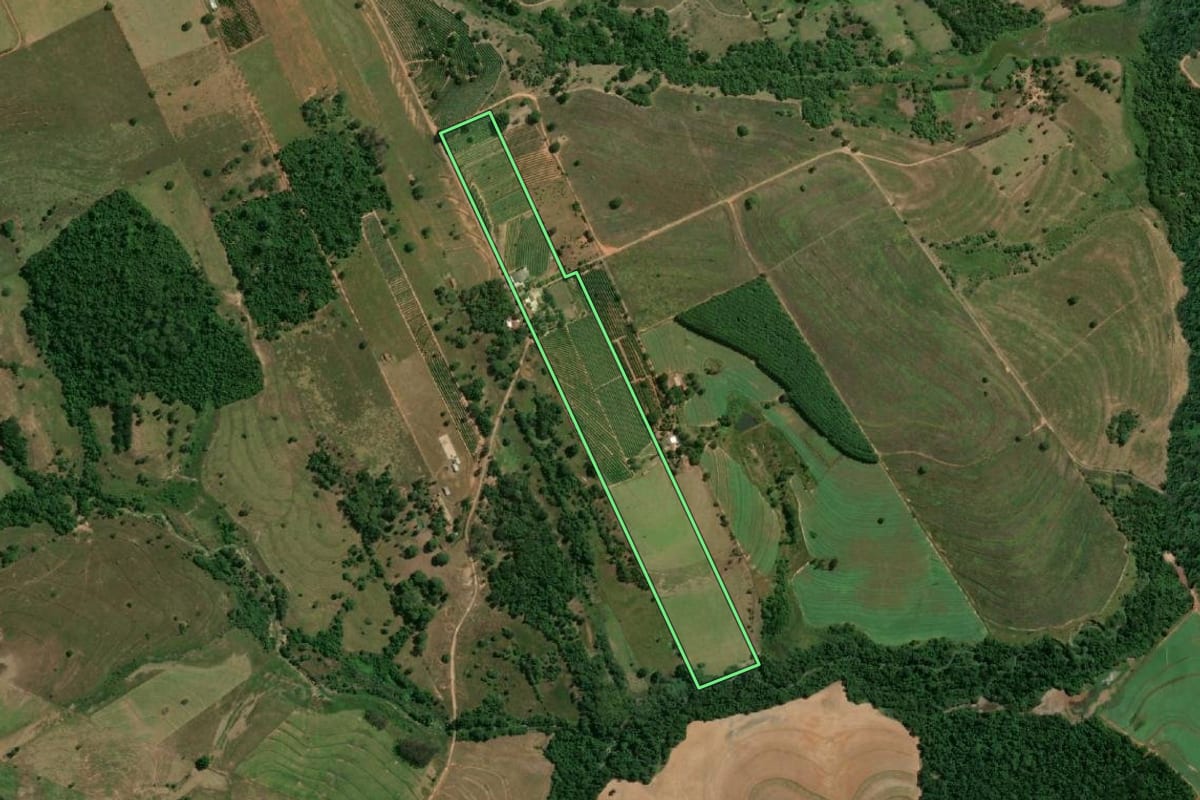 Imagem de satélite do imóvel rural em Osvaldo Cruz (SP), com o contorno declarado no CAR desenhado por cima.