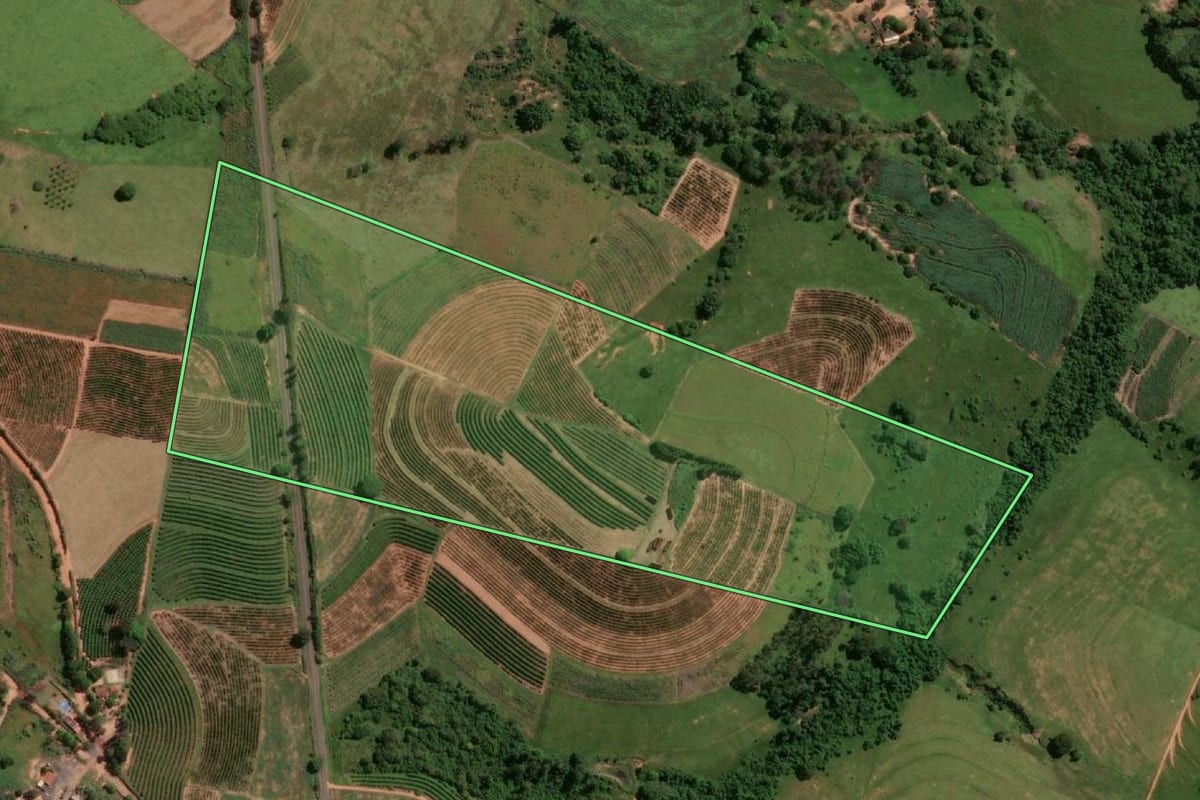 Imagem de satélite do imóvel rural em Osvaldo Cruz (SP), com o contorno declarado no CAR desenhado por cima.
