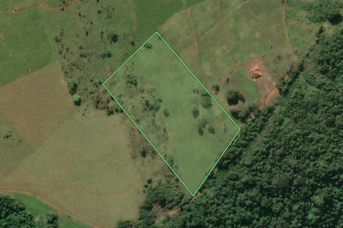 Imagem de satélite do imóvel rural em Ourinhos (SP), com o contorno declarado no CAR desenhado por cima.