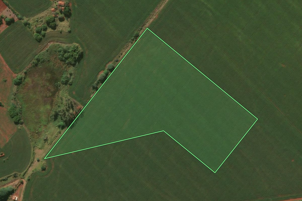 Imagem de satélite do imóvel rural em Ourinhos (SP), com o contorno declarado no CAR desenhado por cima.