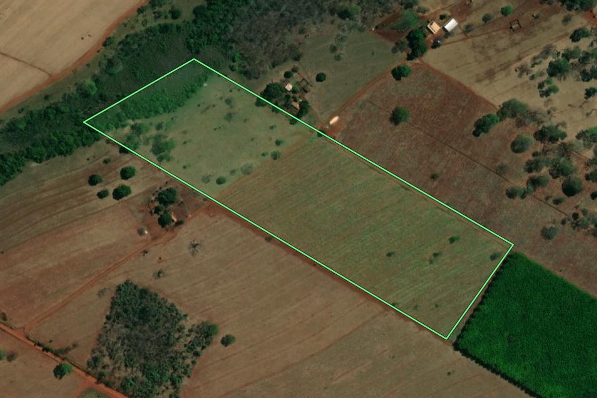 Imagem de satélite do imóvel rural em Ouroeste (SP), com o contorno declarado no CAR desenhado por cima.