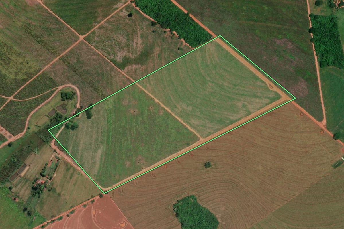 Imagem de satélite do imóvel rural em Ouroeste (SP), com o contorno declarado no CAR desenhado por cima.