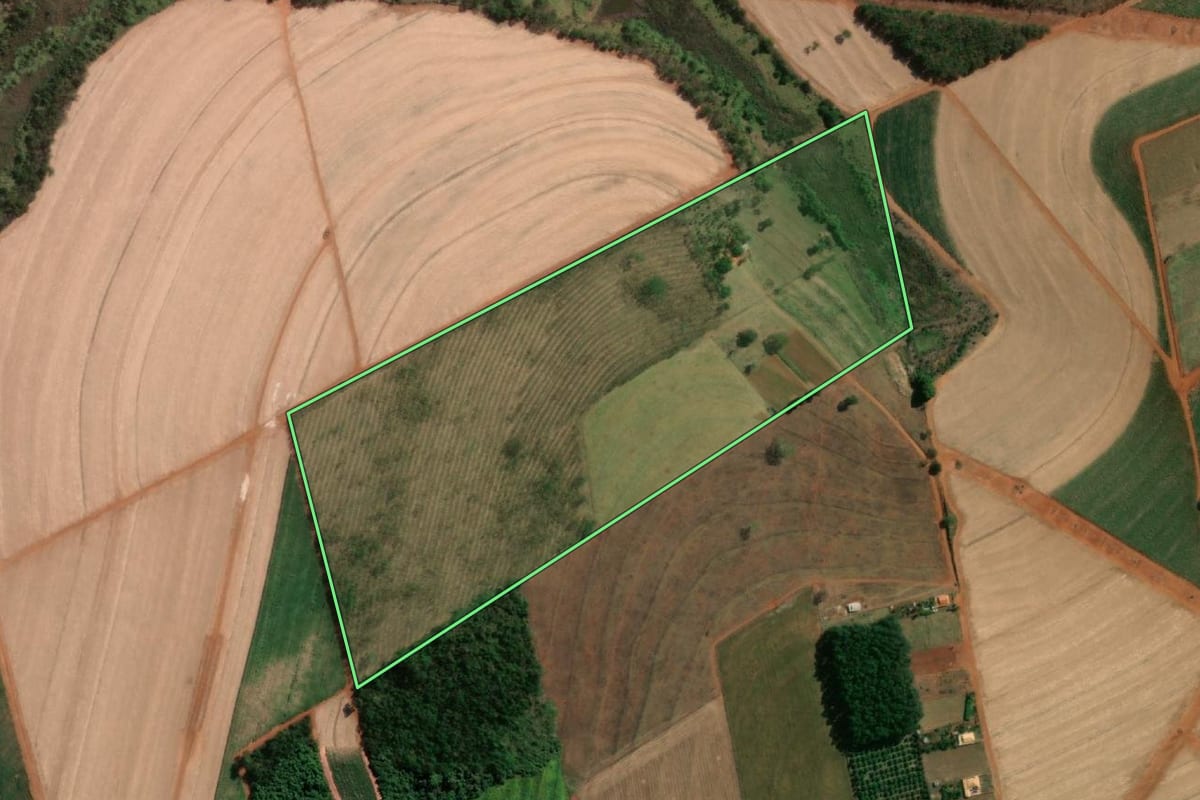 Imagem de satélite do imóvel rural em Ouroeste (SP), com o contorno declarado no CAR desenhado por cima.