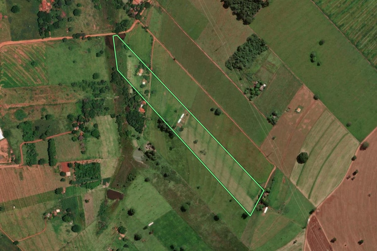 Imagem de satélite do imóvel rural em Ouroeste (SP), com o contorno declarado no CAR desenhado por cima.