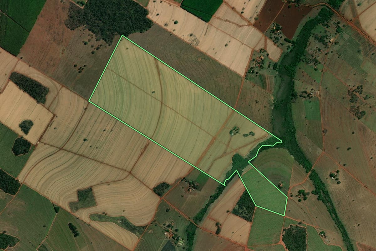 Imagem de satélite do imóvel rural em Ouroeste (SP), com o contorno declarado no CAR desenhado por cima.