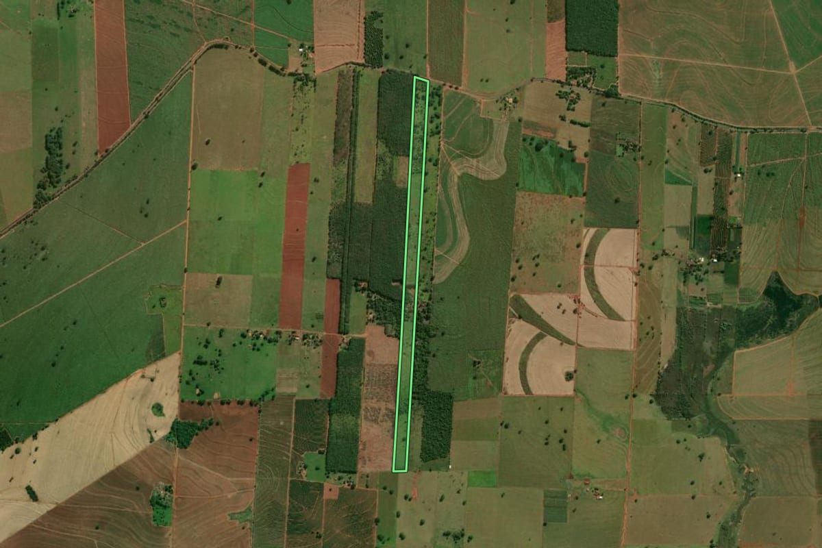 Imagem de satélite do imóvel rural em Ouro Verde (SP), com o contorno declarado no CAR desenhado por cima.