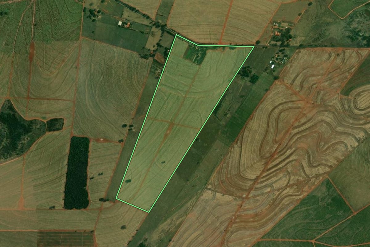 Imagem de satélite do imóvel rural em Ouro Verde (SP), com o contorno declarado no CAR desenhado por cima.
