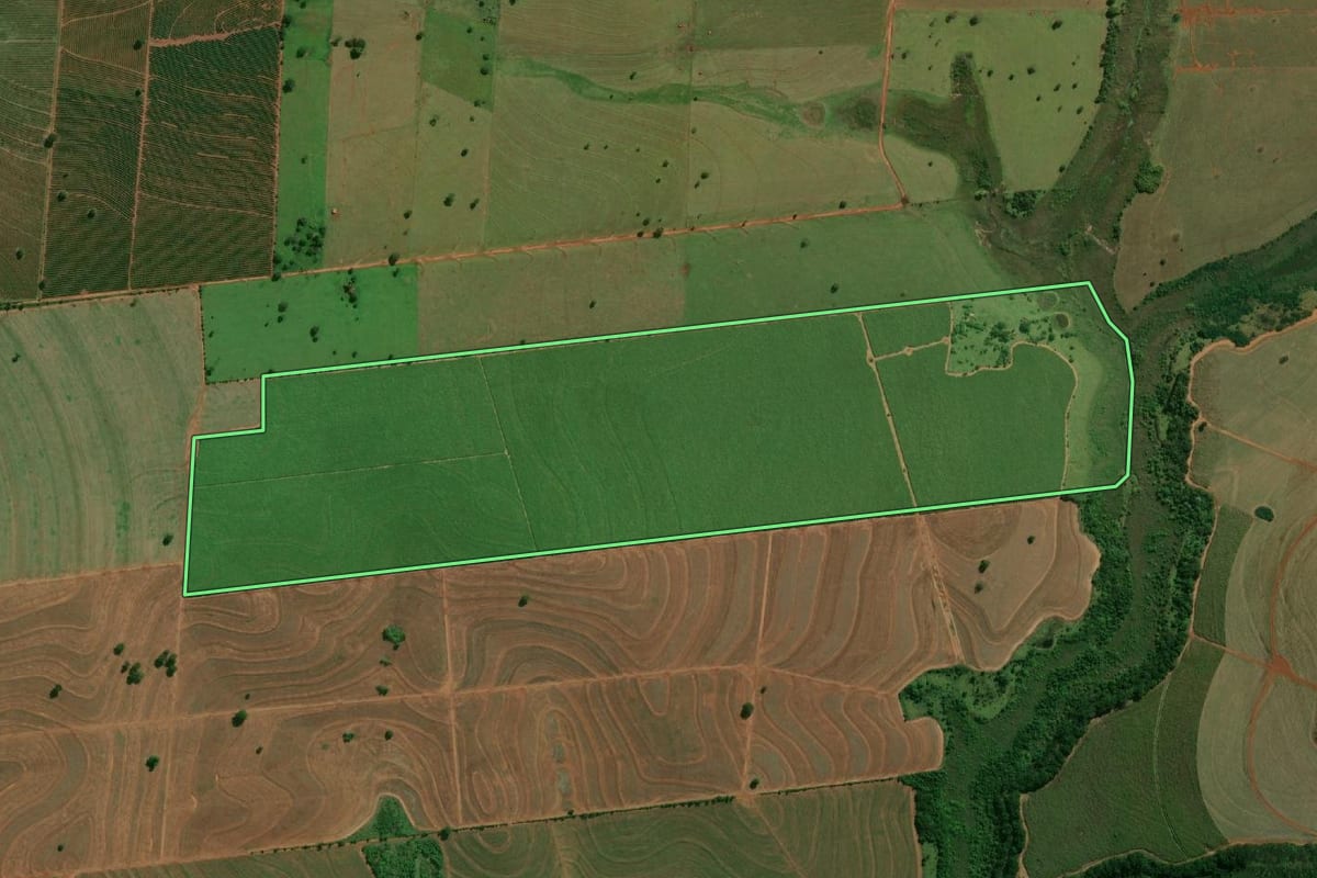 Imagem de satélite do imóvel rural em Ouro Verde (SP), com o contorno declarado no CAR desenhado por cima.