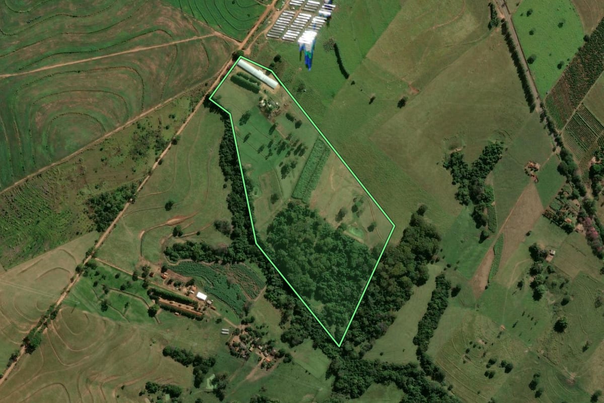 Imagem de satélite do imóvel rural em Pacaembu (SP), com o contorno declarado no CAR desenhado por cima.
