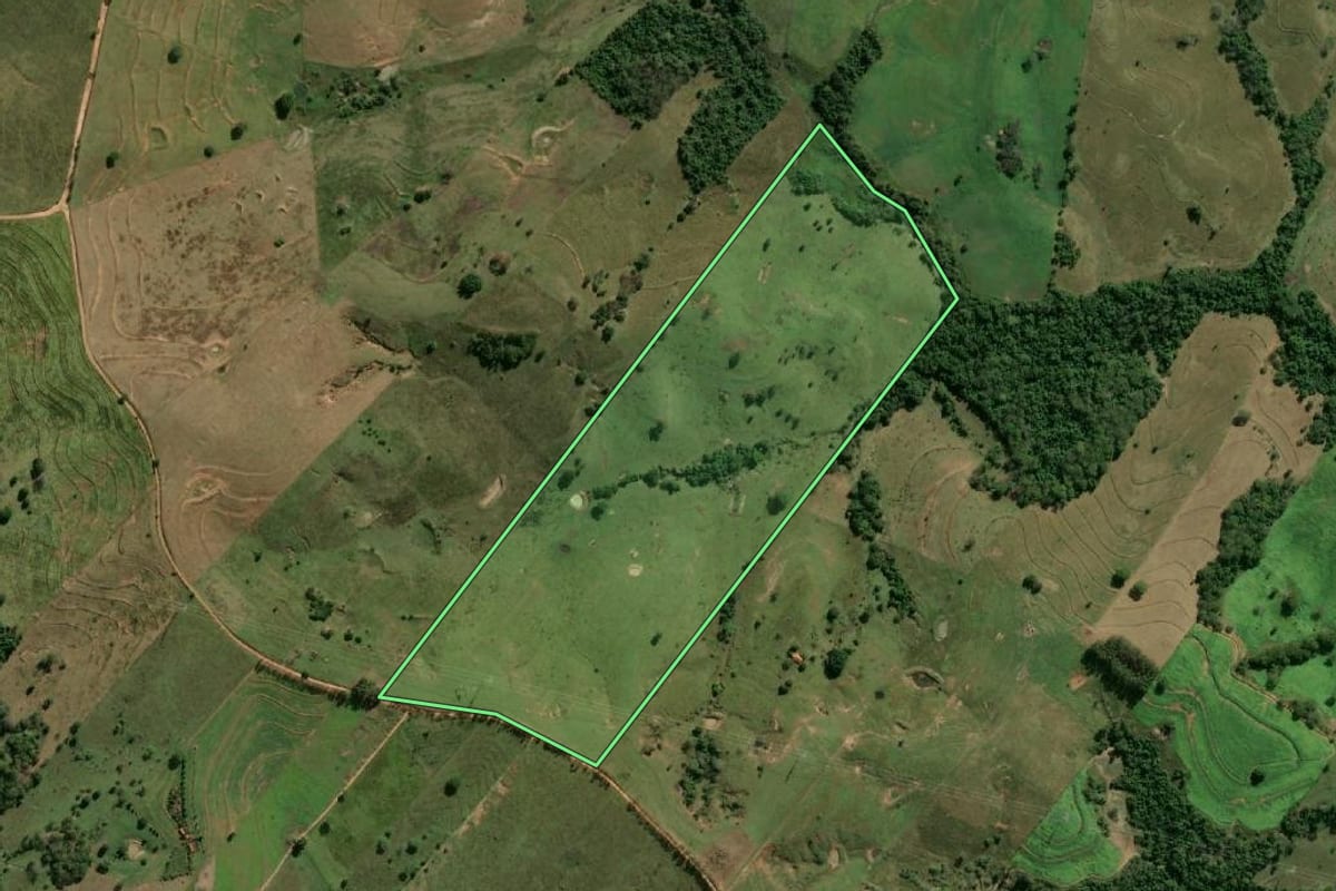 Imagem de satélite do imóvel rural em Pacaembu (SP), com o contorno declarado no CAR desenhado por cima.