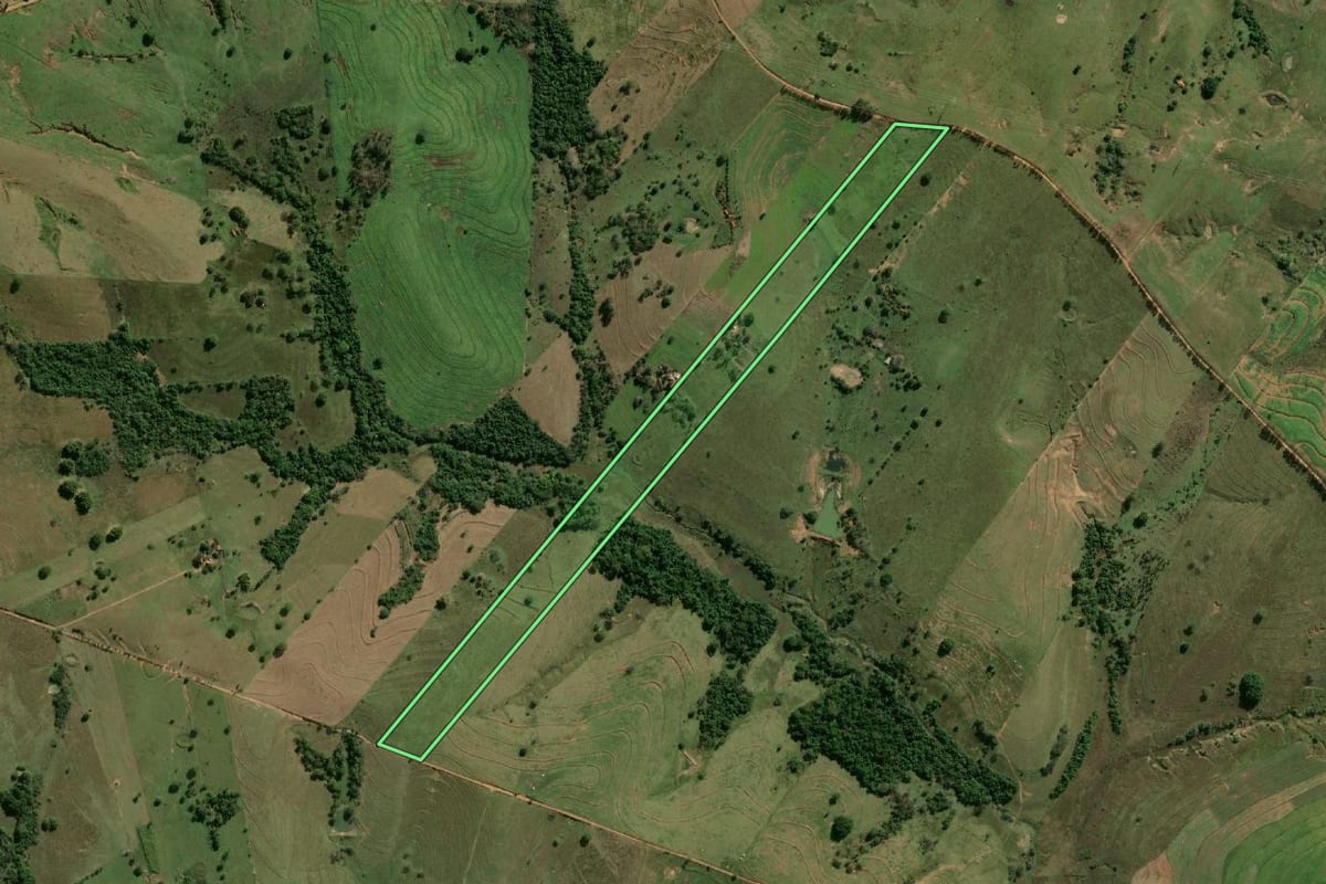 Imagem de satélite do imóvel rural em Pacaembu (SP), com o contorno declarado no CAR desenhado por cima.