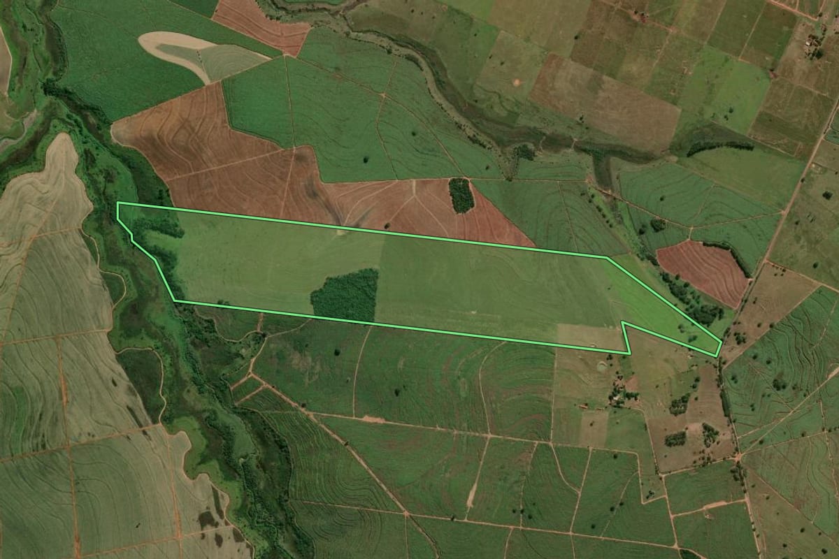 Imagem de satélite do imóvel rural em Pacaembu (SP), com o contorno declarado no CAR desenhado por cima.