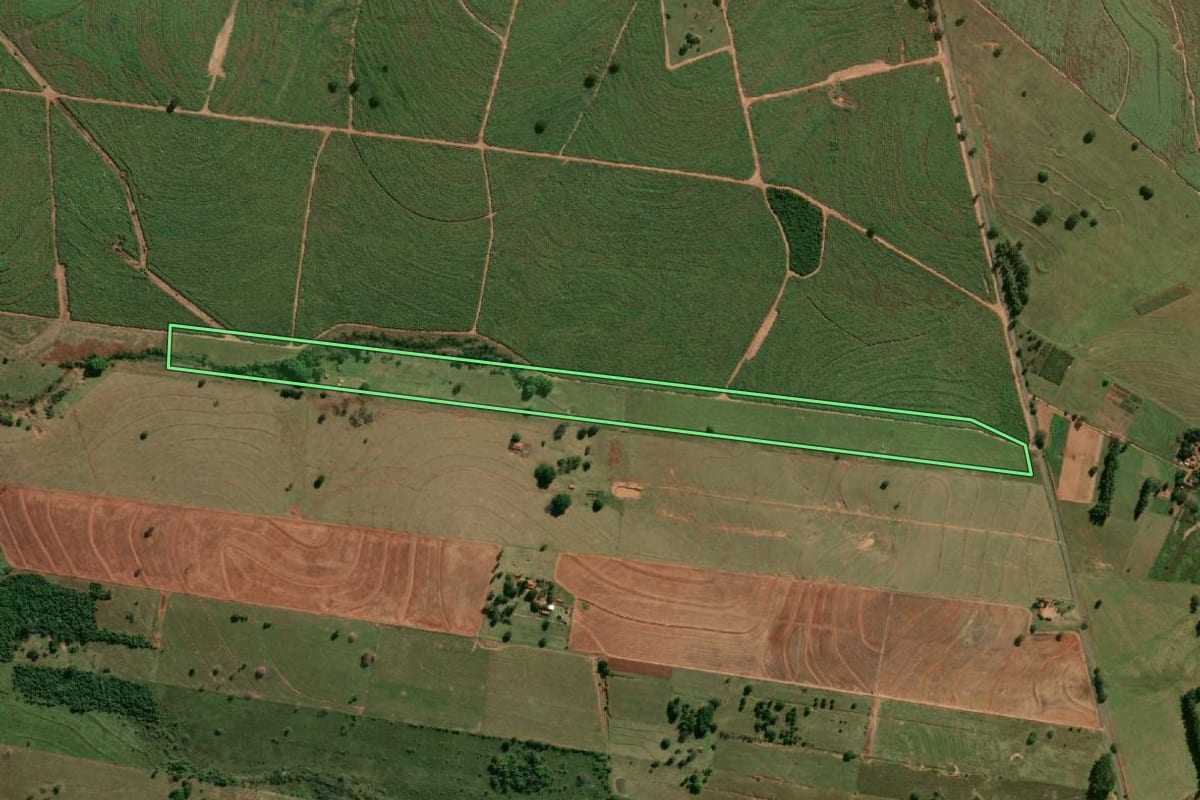 Imagem de satélite do imóvel rural em Pacaembu (SP), com o contorno declarado no CAR desenhado por cima.