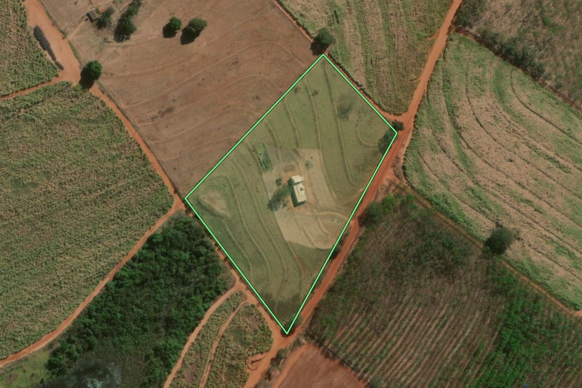 Imagem de satélite do imóvel rural em Palestina (SP), com o contorno declarado no CAR desenhado por cima.