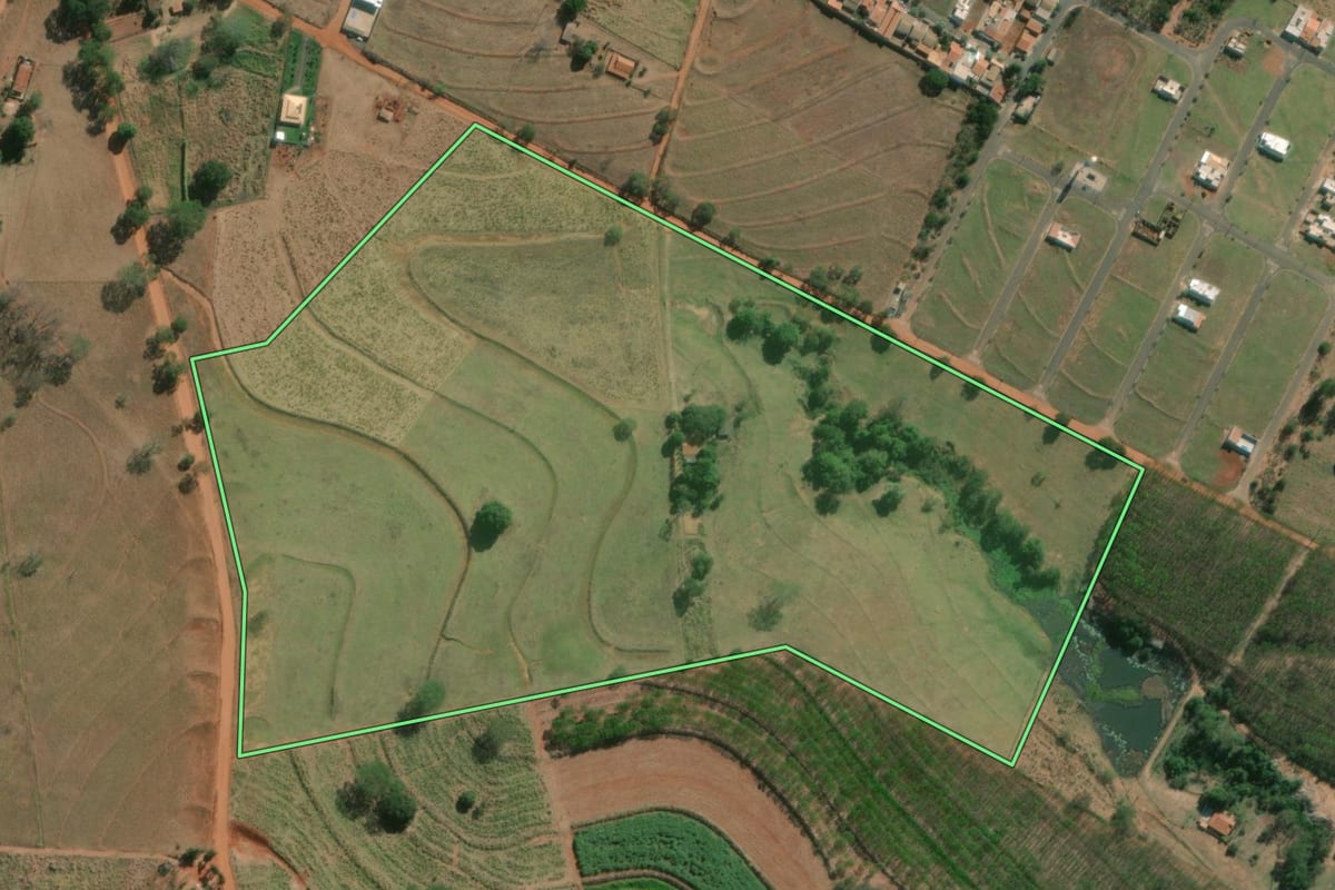 Imagem de satélite do imóvel rural em Palestina (SP), com o contorno declarado no CAR desenhado por cima.