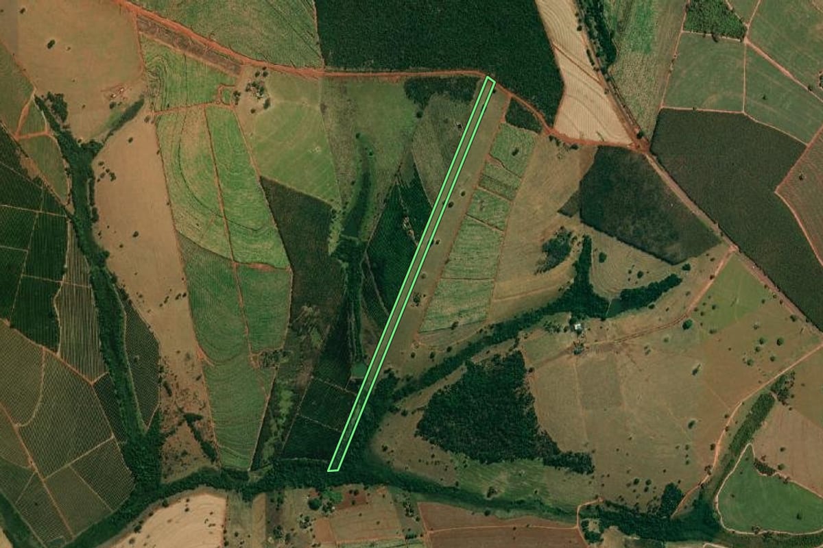 Imagem de satélite do imóvel rural em Palestina (SP), com o contorno declarado no CAR desenhado por cima.