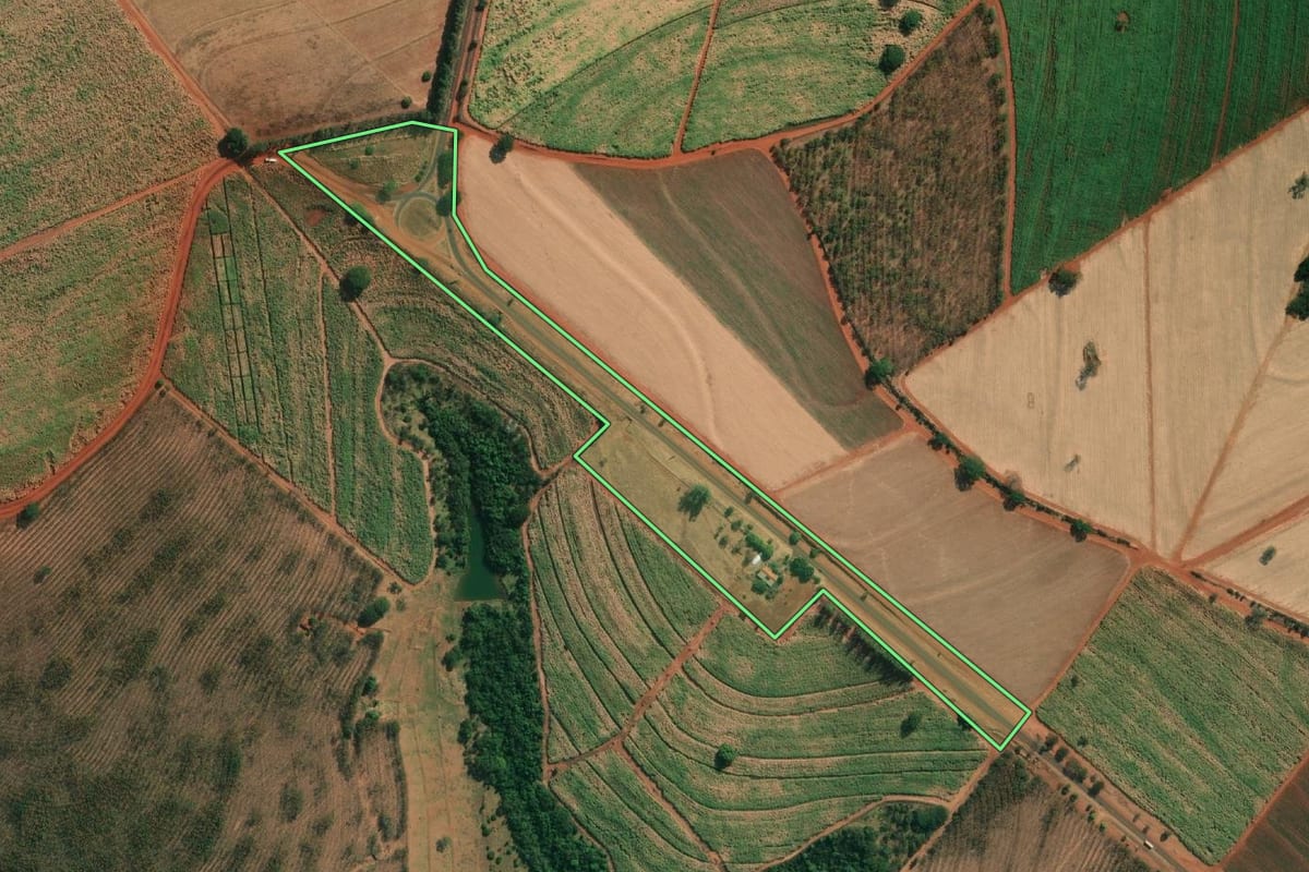 Imagem de satélite do imóvel rural em Palestina (SP), com o contorno declarado no CAR desenhado por cima.