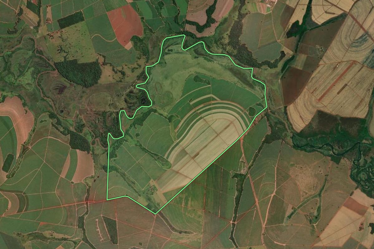Imagem de satélite do imóvel rural em Palestina (SP), com o contorno declarado no CAR desenhado por cima.