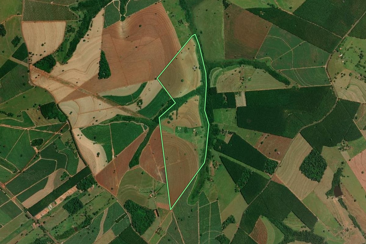 Imagem de satélite do imóvel rural em Palestina (SP), com o contorno declarado no CAR desenhado por cima.