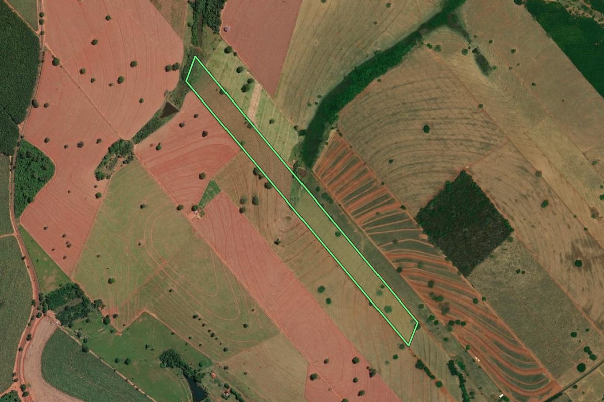Imagem de satélite do imóvel rural em Palestina (SP), com o contorno declarado no CAR desenhado por cima.