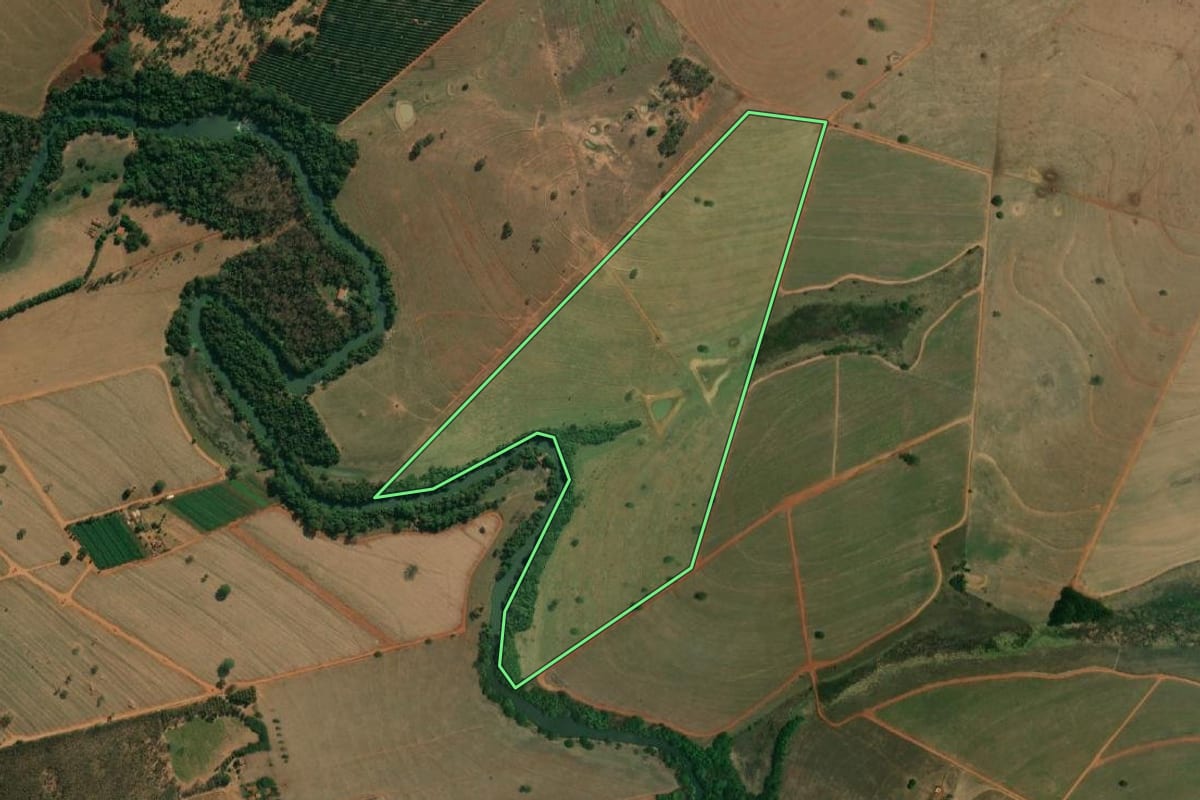 Imagem de satélite do imóvel rural em Palestina (SP), com o contorno declarado no CAR desenhado por cima.