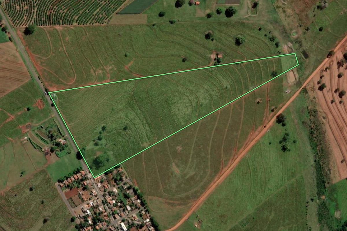 Imagem de satélite do imóvel rural em Palmeira d'Oeste (SP), com o contorno declarado no CAR desenhado por cima.