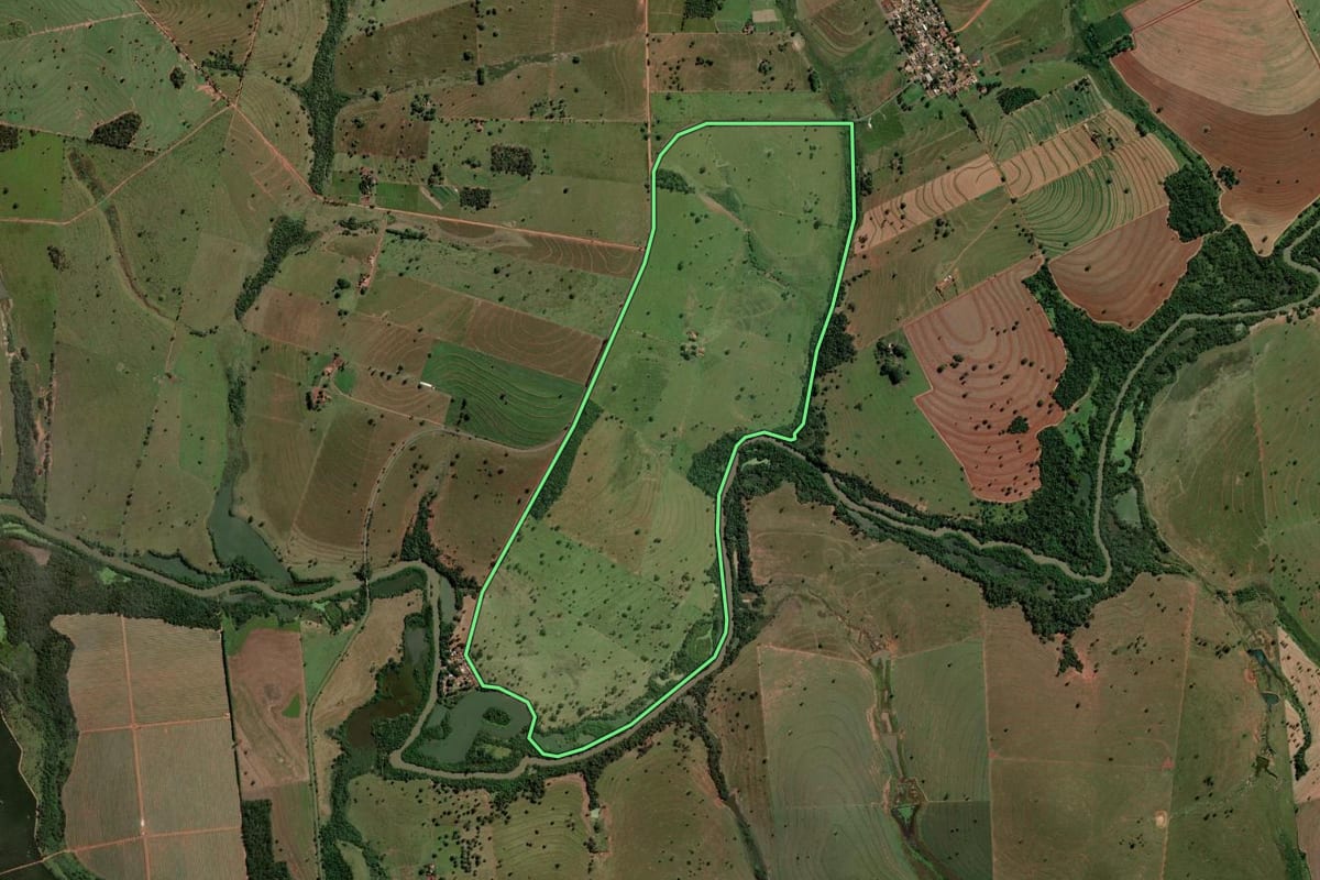 Imagem de satélite do imóvel rural em Palmeira d'Oeste (SP), com o contorno declarado no CAR desenhado por cima.