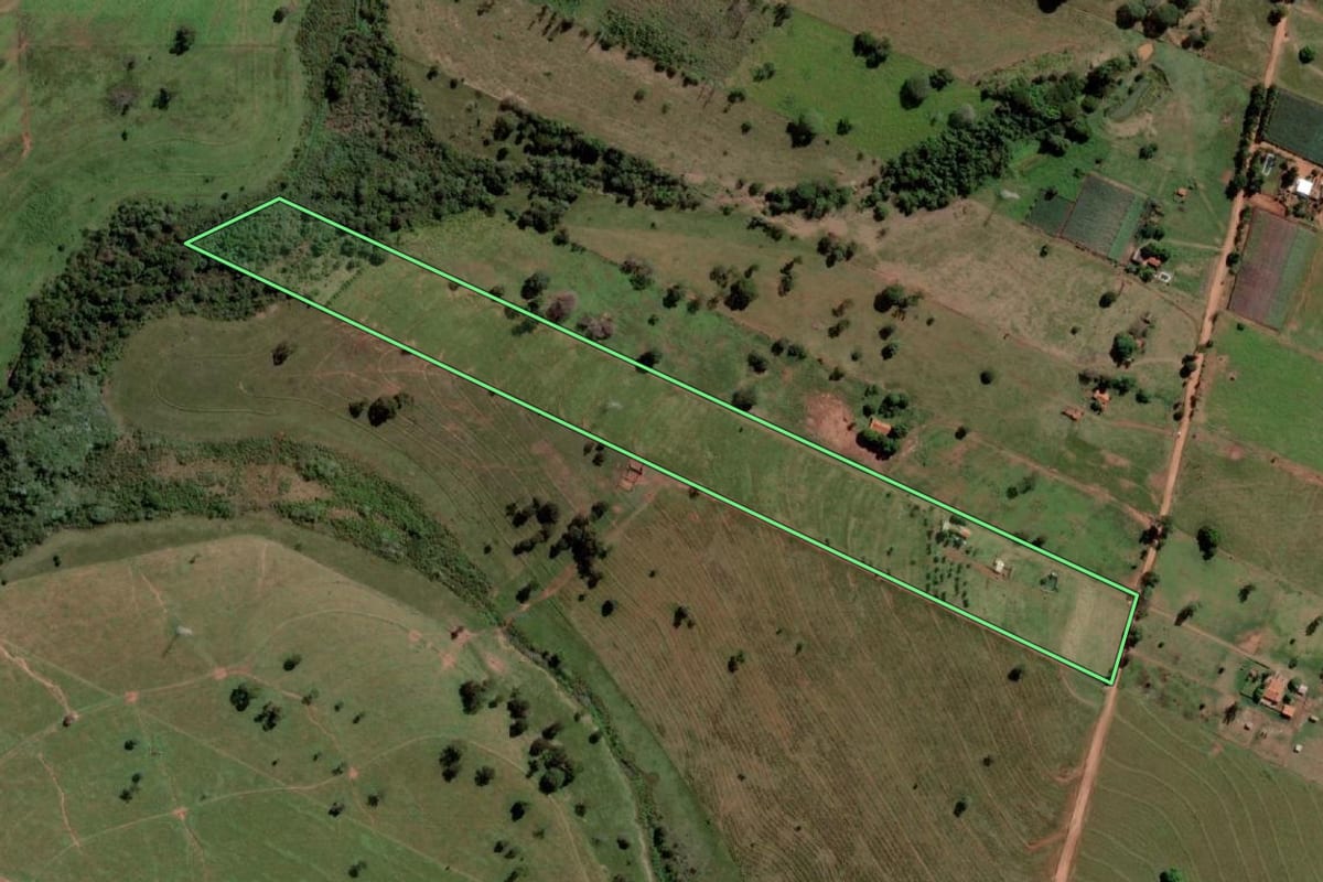 Imagem de satélite do imóvel rural em Palmeira d'Oeste (SP), com o contorno declarado no CAR desenhado por cima.
