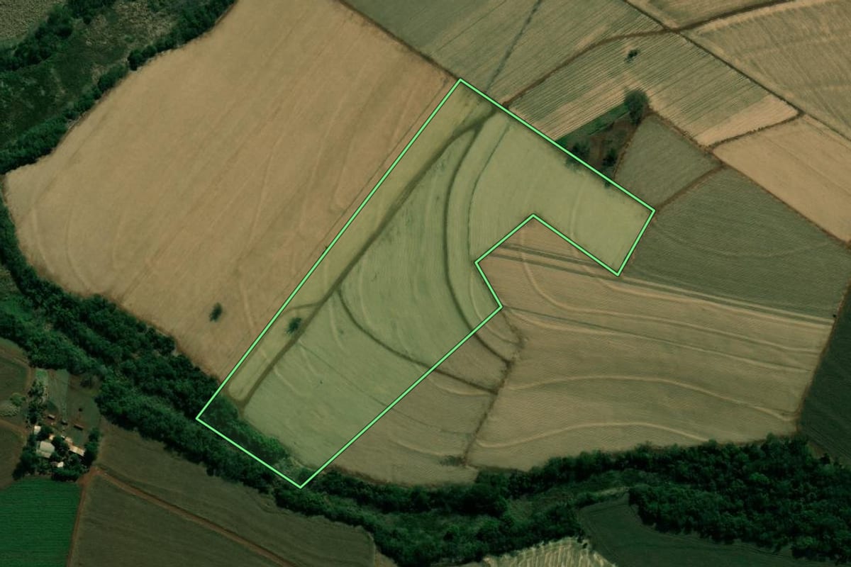Imagem de satélite do imóvel rural em Palmital (SP), com o contorno declarado no CAR desenhado por cima.