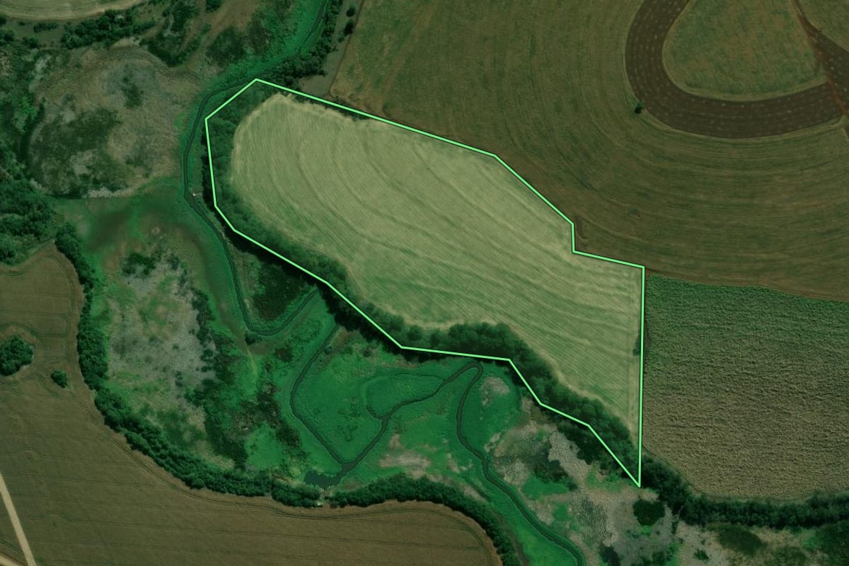 Imagem de satélite do imóvel rural em Palmital (SP), com o contorno declarado no CAR desenhado por cima.