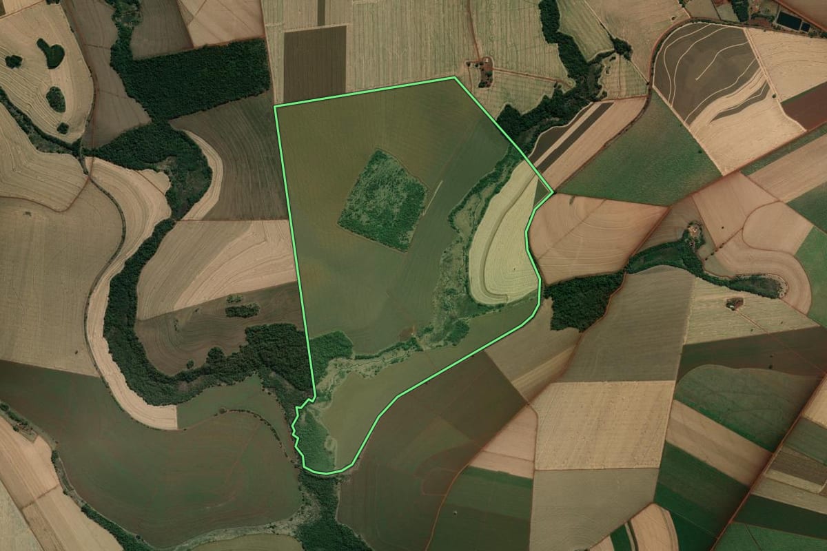 Imagem de satélite do imóvel rural em Palmital (SP), com o contorno declarado no CAR desenhado por cima.