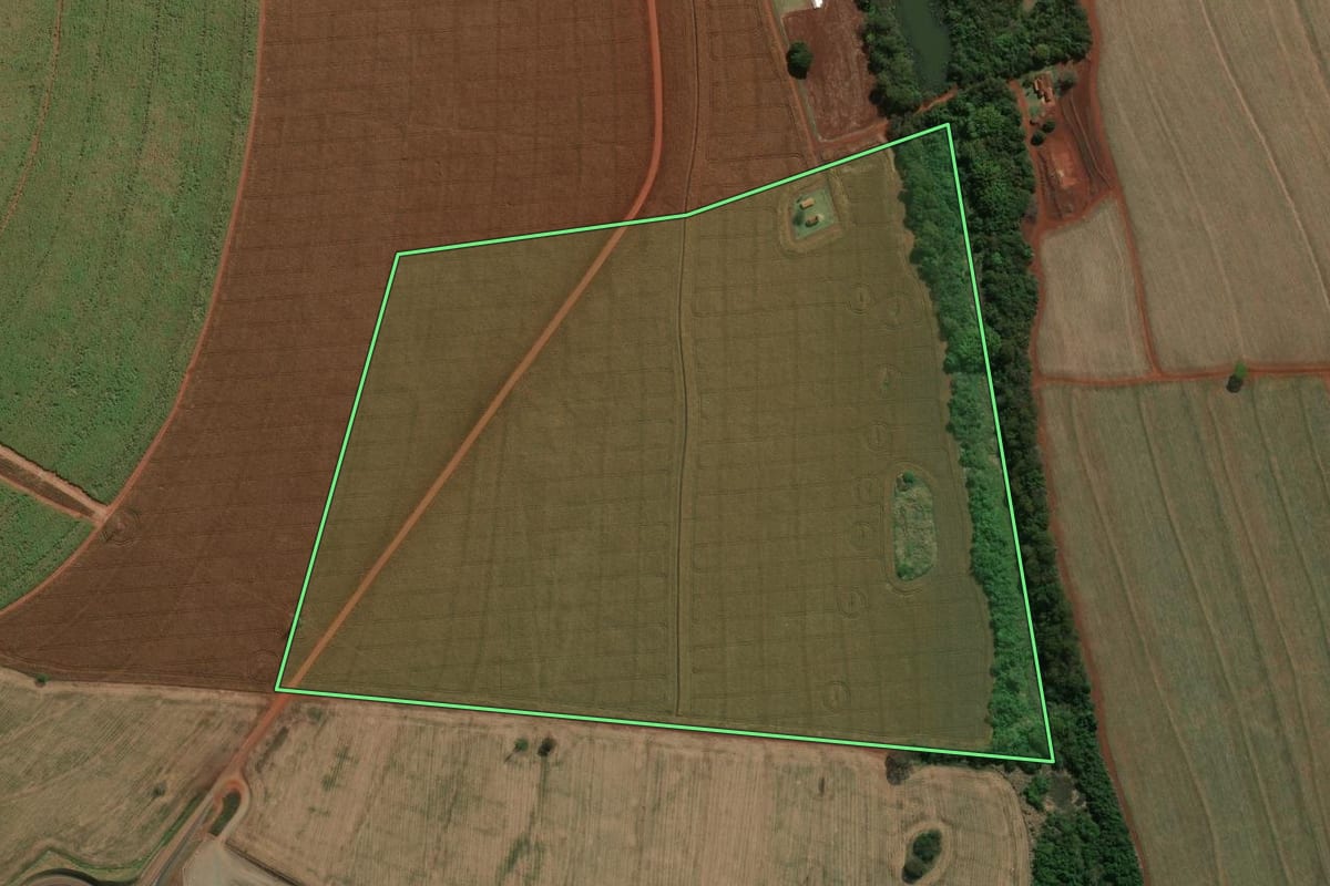 Imagem de satélite do imóvel rural em Palmital (SP), com o contorno declarado no CAR desenhado por cima.