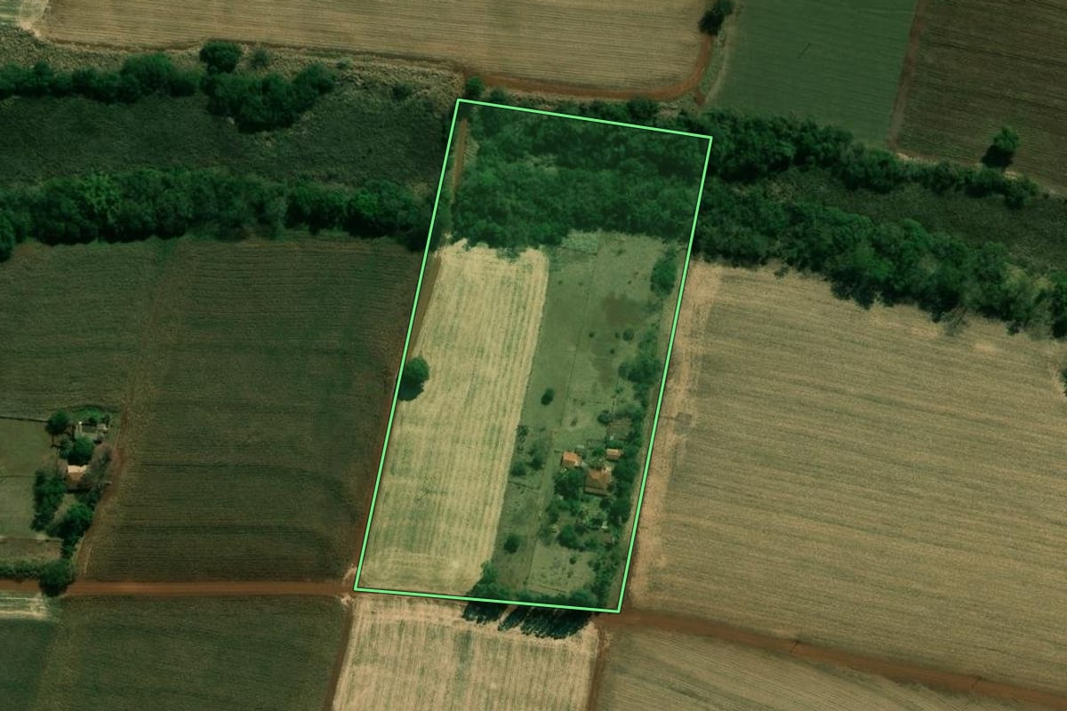 Imagem de satélite do imóvel rural em Palmital (SP), com o contorno declarado no CAR desenhado por cima.