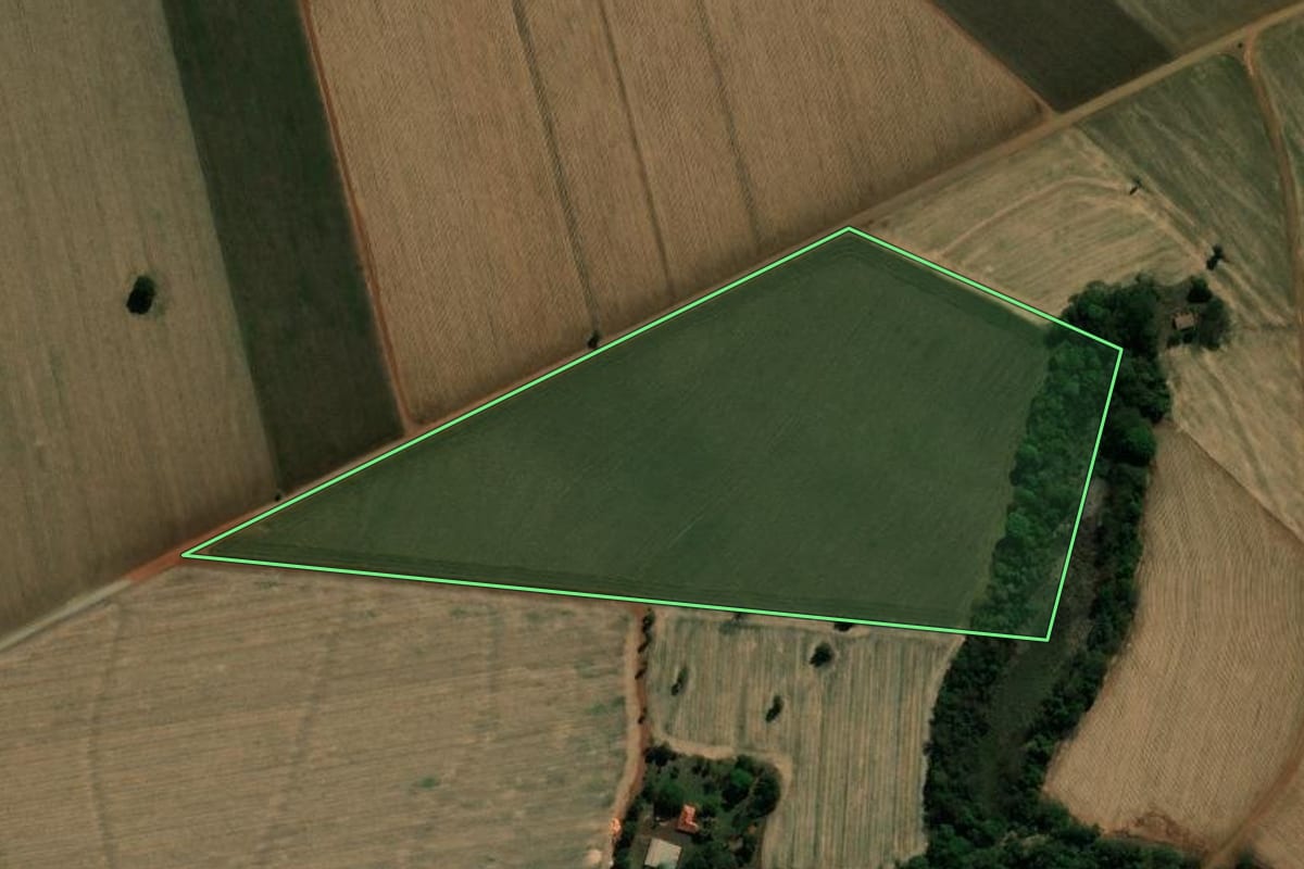 Imagem de satélite do imóvel rural em Palmital (SP), com o contorno declarado no CAR desenhado por cima.