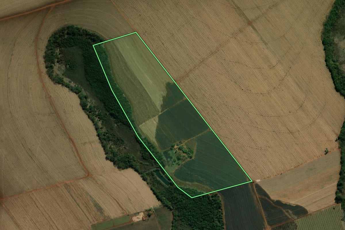 Imagem de satélite do imóvel rural em Palmital (SP), com o contorno declarado no CAR desenhado por cima.