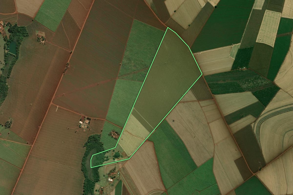 Imagem de satélite do imóvel rural em Palmital (SP), com o contorno declarado no CAR desenhado por cima.