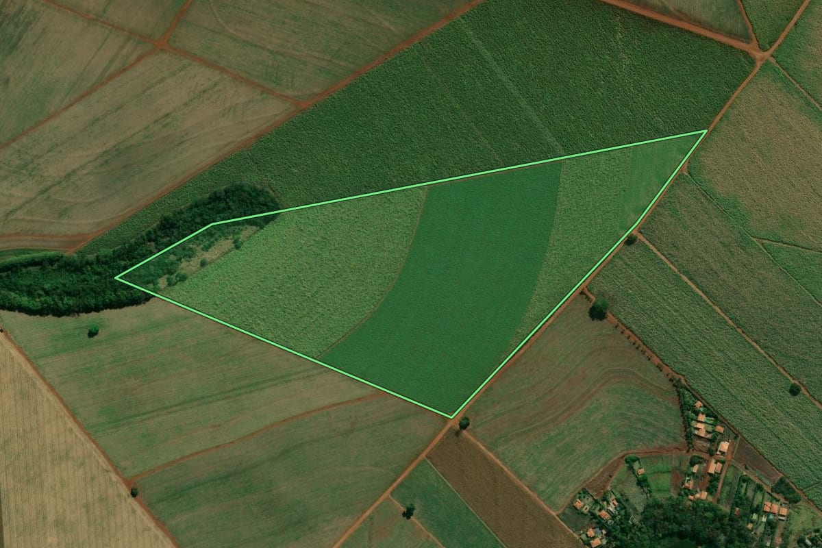 Imagem de satélite do imóvel rural em Palmital (SP), com o contorno declarado no CAR desenhado por cima.
