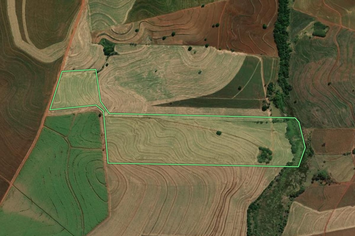 Imagem de satélite do imóvel rural em Palmital (SP), com o contorno declarado no CAR desenhado por cima.
