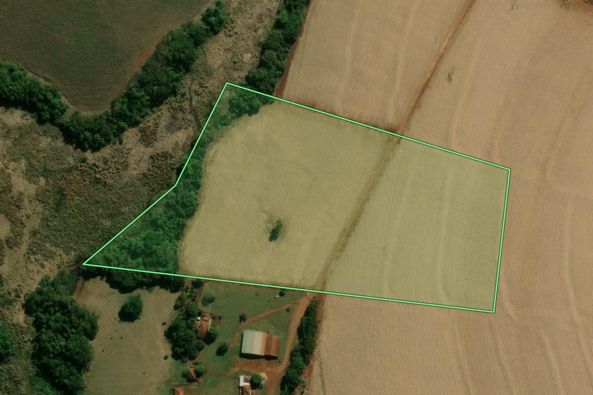 Imagem de satélite do imóvel rural em Palmital (SP), com o contorno declarado no CAR desenhado por cima.