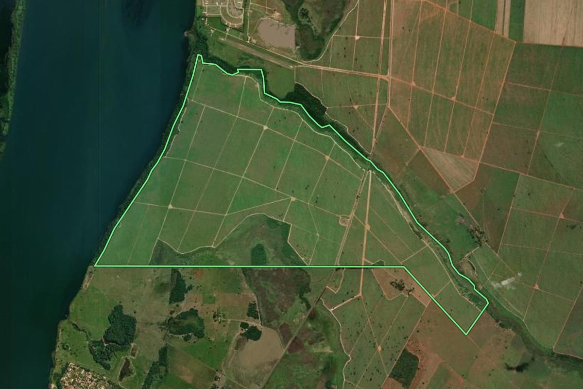 Imagem de satélite do imóvel rural em Panorama (SP), com o contorno declarado no CAR desenhado por cima.